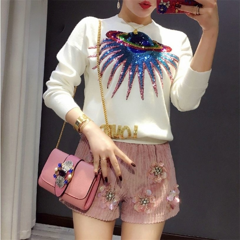 Planet UFO Sequin Glitter Festival  Rave Stars Loved White Long Sleeve Sweater S